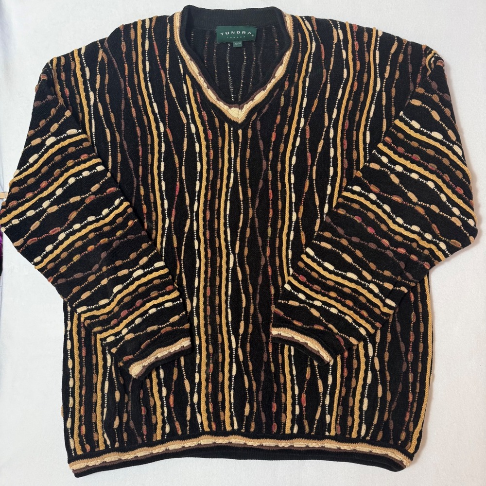 Tundra Canada Coogi Style 3D Knit Sweater Mens XL V-Neck Black‎ Tan Textured Vtg